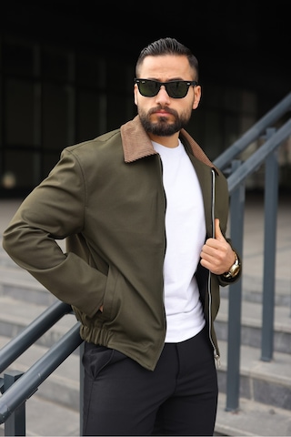 Kadife Yakalı Trucker Model Ceket Haki
