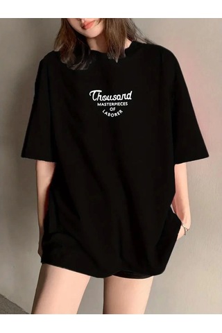 Efnaz Style Thousand Baskılı Oversize Bisiklet Yaka T-shirt - Siyah