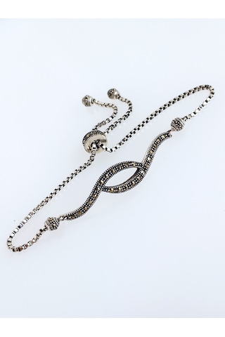 925 Ayar Gümüş Siyah Lale Tasarım Markazit Taşlı Kadın Asansör Bileklik B130 Gümüş