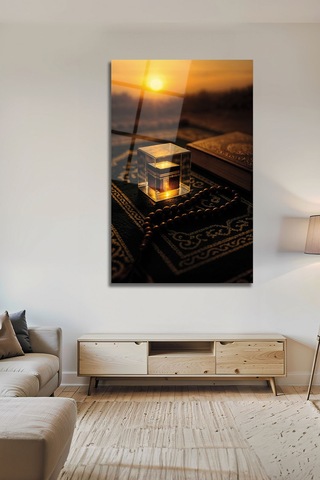 Kâbe Minyatürü Ve Kuran Temalı Dekoratif Cam Tablo Modern İslami Dekorasyon Ve Manevi Değer İslami Motifli Dekoratif Duvar Tablosu, Salon Ve İbadet Alanı Dekoru,