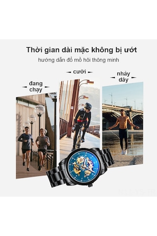 Yunboo Erkek Mekanik Saat Deri Kordon Su Geçirmez Gece Işıklı Erkek Öğrenci Kol Saati Siyah Kasa Mavi Ekran Altın