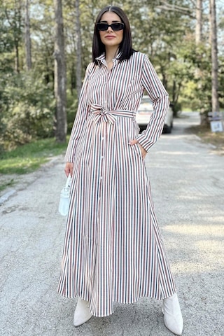 Kadın Kiremit & Ekru Çizgili Uzun Kol, Rahat Beli Kemerli, Cepli, Keten, Maksi Gömlek Elbise Kiremit