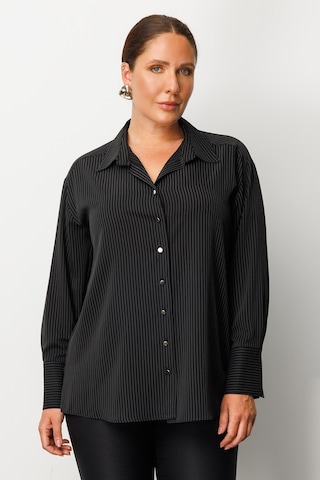 Moda İlgi Kadın Büyük Beden Simli Çizgili Gömlek 0034 Siyah Siyah