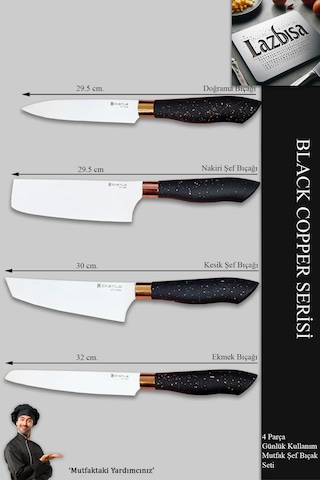 Black Copper Serisi Mutfak Bıçak Et Sebze 4 Lü Şef Bıçağı Mft-854 Siyah
