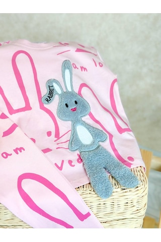 Lolliboomkids Kız Çocuk Peluş 3d Tavşan Nakış Detaylı Tshirt - Tayt Alt Üst Takım Pembe Renk Pembe