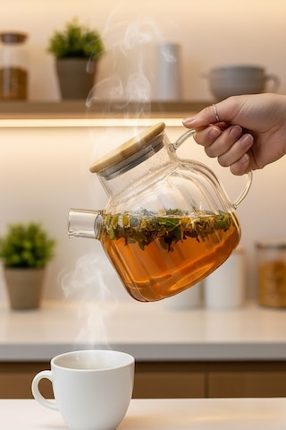 1000 Ml Isıya Dayanıklı Bambu Kapaklı Borosilikat Cam Demlik Ocak Üstü Şeffaf Bitki Çayı