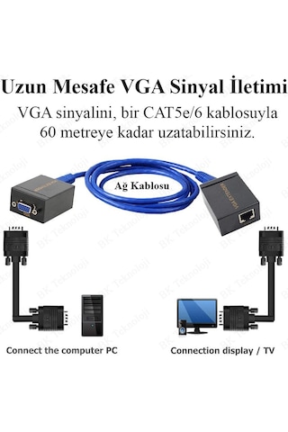 VGA Extender 60 Metre RJ45 Cat5e/Cat6 Ağ Kablosu VGA Uzatıcı