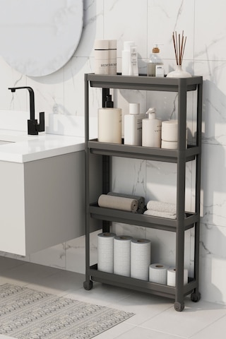 Mithra Life 4 Katlı Tekerlekli Slim İnce Siyah Banyo Mutfak Rafı Mıt1201