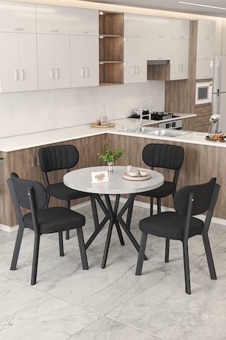 Gnr 90cm Sabit Beyaz Mutfak Masası Takımı, Yemek Masası, 4 Modern Siyah Sandalye Siyah