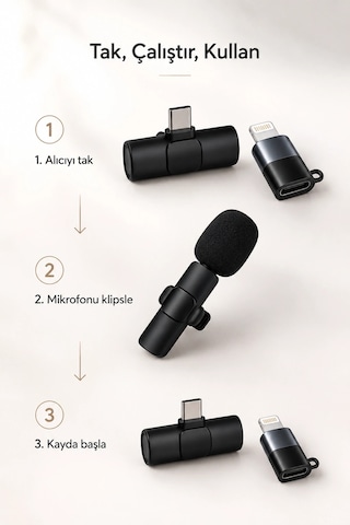 Kablosuz Yaka Mikrofonu Usb-c Ve Lightning Uyumlu Tak Çalıştır Telefon Kayıt Mikrofonu