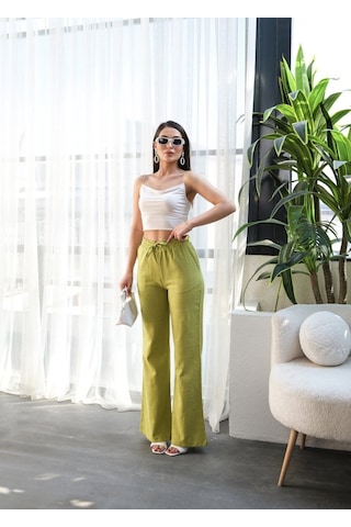 Etiler Collection Beli Lasti Kli Ve Bağcikli Keten Pantolon Yağ Yeşili