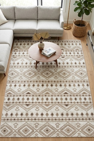 Raschel Carpet Premium Yıkanabilir Leke Tutmaz Etnik Desen Bej Özel Seri Kaymaz Taban Halı Kilim Çok Renkli