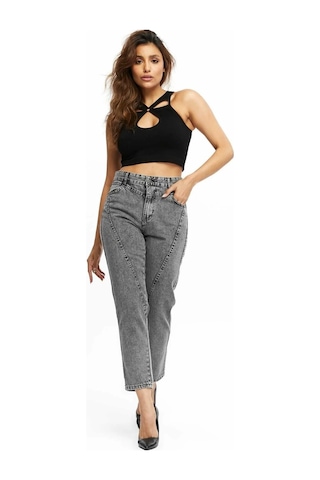Kene Jeans Yüksek Bel Ön Conta Çımalı Mom Kot Jeans Kar Siyah