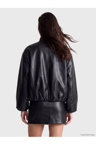 Lcwaıkıkı Classic Siyah Oversize Kadın Bomber Deri Görünümlü Ceket