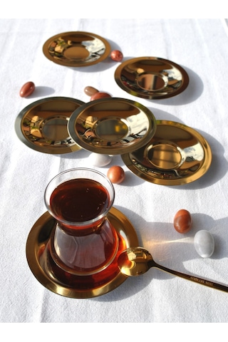 6'lı Paslanmaz Çelik Gold Çay Tabağı 10 Cm Çay Tabak Altın
