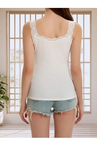 Simala Kadın Askılı Yuvarlak Yaka Dantel Detay Kaşkorse Bluz Beyaz