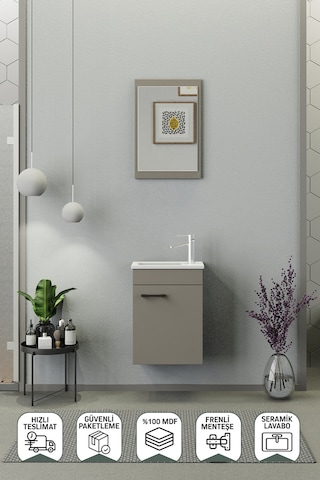 Biani Fix Arya Mini 42 Cm Banyo Dolabı,Seramik Lavabolu, Aynalı,Lavabo Dahil,Mdf,Latte