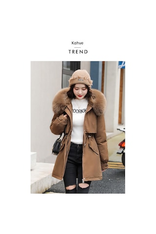 Snapbuy Kalın, Yumuşak Dolgulu, Midi Boy, Kapüşonlu, Kürk Detaylı Kadın Mont Kahve