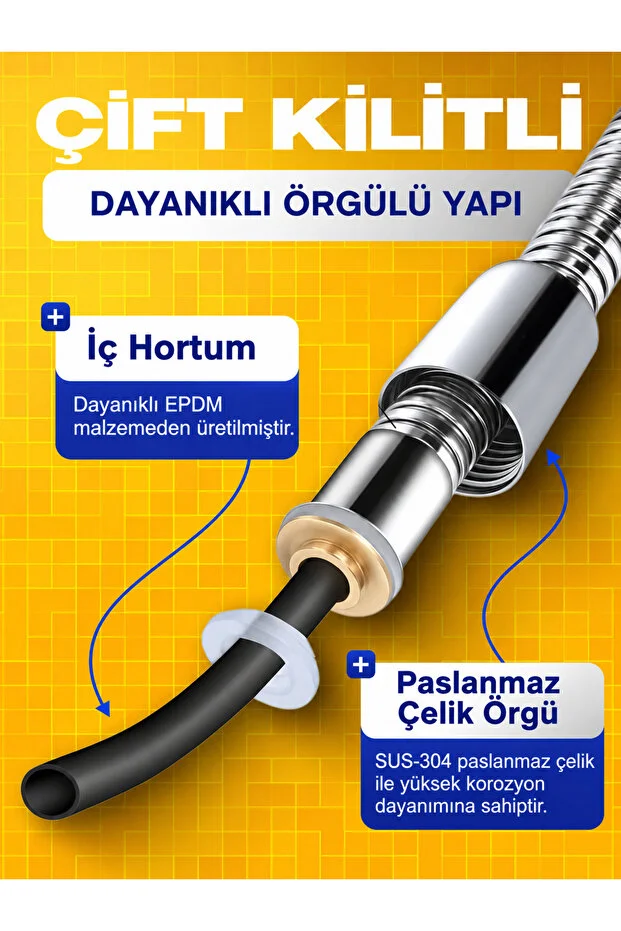 Duş Hortumu 200 Cm 2 Metre Paslanmaz Çelik Örgülü Güçlendirilmiş Çift Kilitli Banyo Duş Spirali Krom