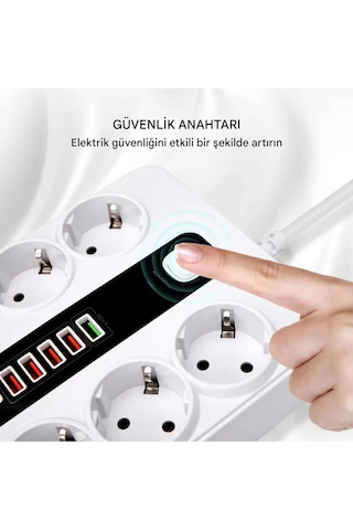 6'lı Grup Priz 4xusb 2xtype-c Çıkışlı Isıya Dayanıklı Power Tuşlu 2 Mt Kablolu Priz Çoğaltıcı 2 M