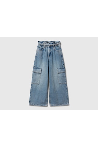 Mayoral Benetton Kız Çocuk Koyu Mavi Beli Bağlamalı Kargo Stili Wide Fit Denim Pantolon Açık Mavi