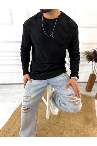 Uzun Kollu Tişört Fitilli Bisiklet Yaka Yumuşak Dokulu Tüylenmez Pamuklu Kazak Sweatshirt Siyah