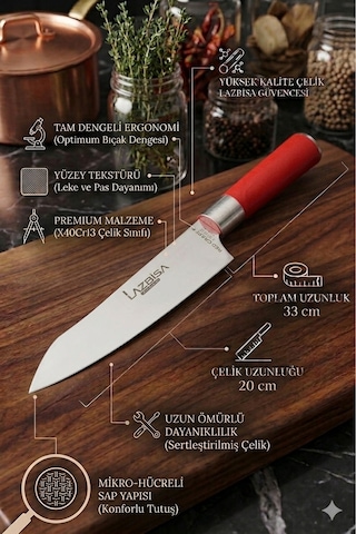 Lazbisa MFT-005 Red Craft Serisi Mutfak Şef Bıçak Seti Et Ekmek Sebze Bıçağı Günlük Kullanım Kırmızı