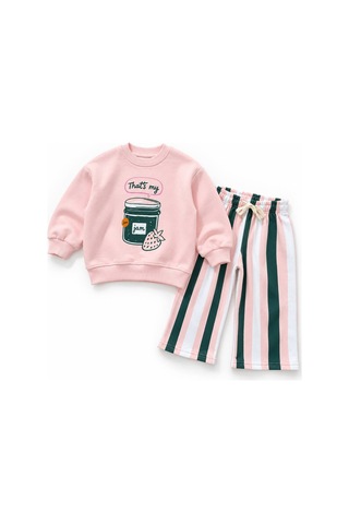 That's My Jam Çilek Baskılı Sweatshirt Çizgili Eşofman 3ip Alt Üst Takım Pembe