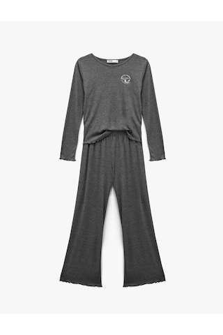 Koton Uzun Kollu Bisiklet Yaka Nakış Detaylı Pijama Takımı Antrasit Melange 6wlk40270mk