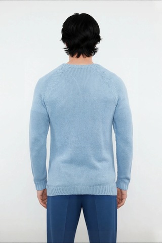 Frm Erkek Mavi Bisiklet Yaka Fitted Seamless Reglan Kol Akrilik Triko