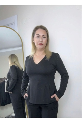 Büyük Beden Işıltılı V Yaka Peplum Bluz Siyah