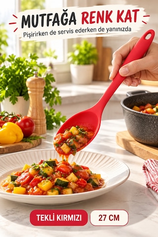 Tekli Kırmızı Büyük Boy Silikon Kaşık 27 Cm Mutfak Yemek Pişirme Ve Servis Kaşığı Evde Kullanım İçin