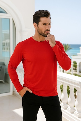 Rich Erkek Uzun Kollu Bisiklet Yaka Tişört - %100 Pamuk Basic Relaxed T-shirt Kirmizi