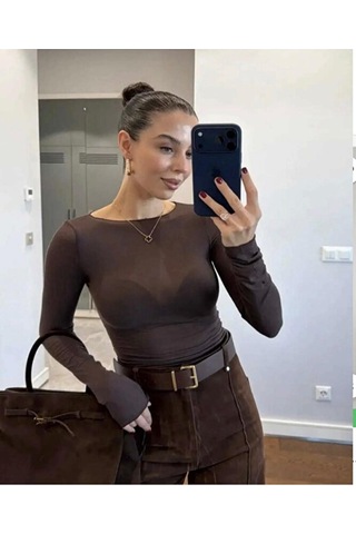 Pantofashion Kayık Yaka Modal Kaşmir Ultra Hafif Bluz Kahverengi