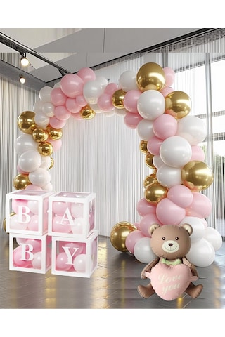 Krom Gold, Makaron Pembe Ve Beyaz Balon Temalı Baby Shower Set Baby Kutu Pembe Kalpli Ayıcık Folyo Ve Balon Zincir Set Pembe