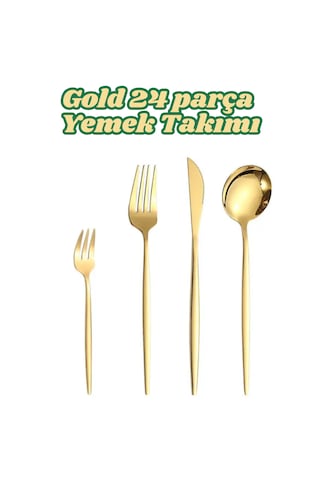 24 Adet Paslanmaz Gold Renk Titanyum Kaplama Yemek Kaşık, Çatal,