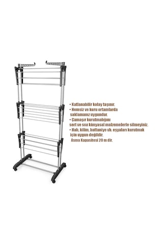 Doğrular Perilla Tiga Fits 3 Katlı Tekerlekli Çamaşır Kurutmalık Siyah