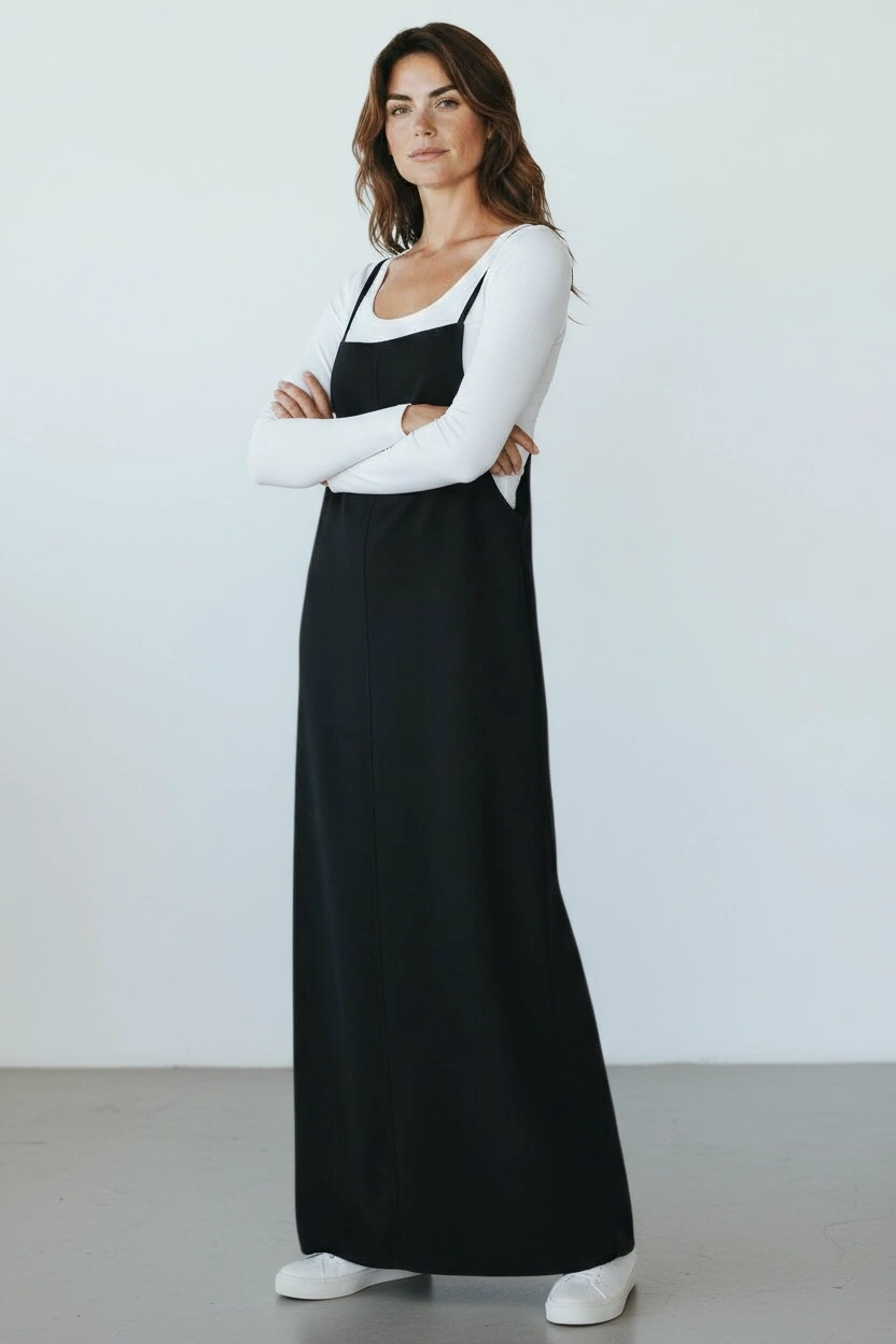 Kadın Ayarlanabilir İp Askılı Dabıl Kumaş Elbise Siyah