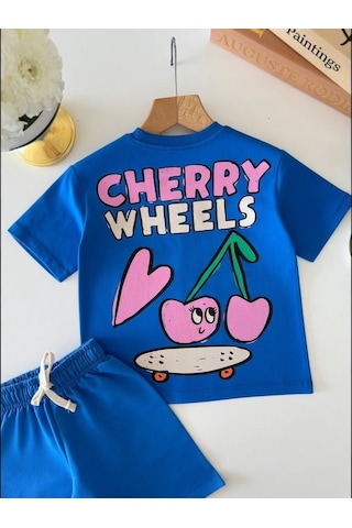 Magu Kız Çocuk Pamuklu Kiraz Ve Kaykay Baskılı T-shirt Şort Takım Mavi