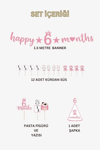 6 Ay Temalı Kız Bebek Parti Seti Happy 6 Months Banner, Pasta Süsü, Kürdan Süs Ve Parti Şapkası Seti Pembe