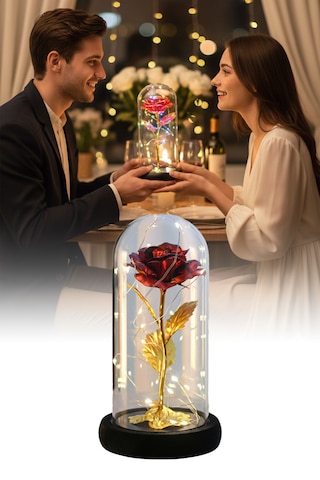 Metalik Kadife Sonsuzluk Gülü Işıklı Şeffaf Kutulu Dekoratif Gül Aranjmanı Hediye Kutusu İçerisinde Romantik Ve Şık Görünümlü Ömürlük Yapay Gül Aksesuarı Sevgililer Günü Ve Özel Günler İçin Diğer