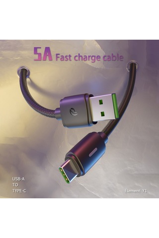 Geeksen Wsken Element Y1 2 Metre Siyah Type C Kablosu - 5a Süper Hızlı Şarj + Veri Transferi Rgb Led Işıklı Dayanıklı Nylon