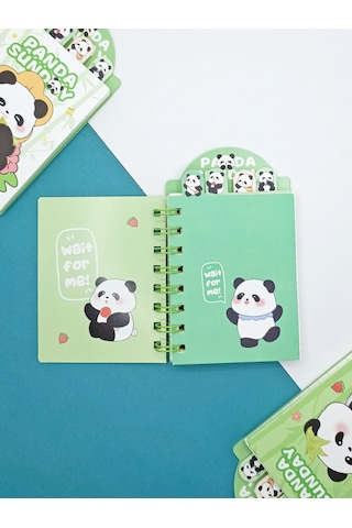 Sevimli Panda Ayraçlı Mini Not Defteri 9x14,5 Cm - Şirin Panda Yeşil