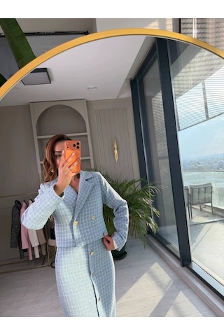 Duygudan Gold Düğme Detaylı Kısa Ceket & Etek Takım - Mavi Çok Renkli
