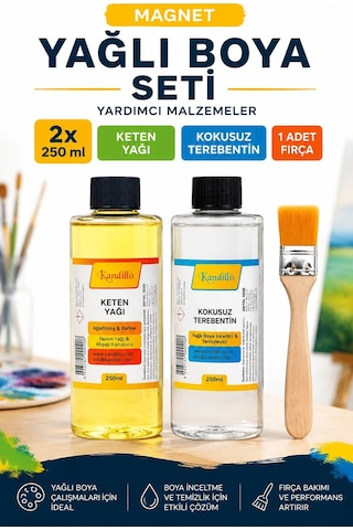 Yağlı Boya Seti 2x250 Ml Keten Yağı Kokusuz Terebentin + Fırça Resim Malzemesi Diğer