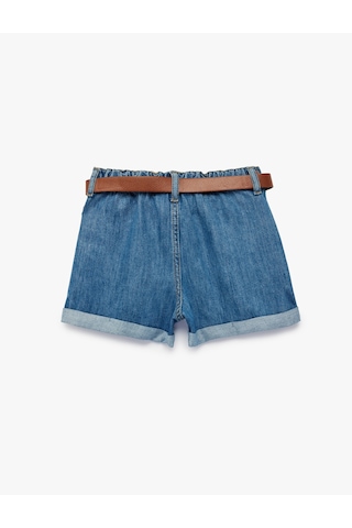 Koton Yüksek Bel Katlamalı Kemer Detaylı Denim Şort Orta İndigo 6skg40126ad