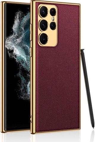 Galaxy S23 Ultra Kılıf Deri Görünümlü Kenarları Elektroplating Kaplama Zore Fizyon Kapak Kırmızı