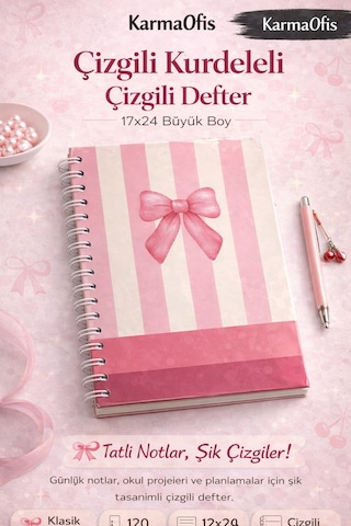4'lü Spiralli Çizgili Defter Seti 17x24 120 Yp Kurdele, Kiraz Ve Puantiyeli Tasarım