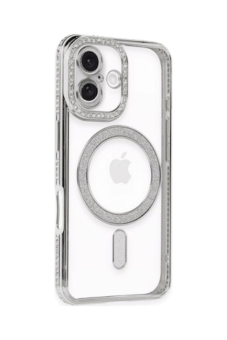 Newface - 609 - Apple iPhone Uyumlu 16 Plus Kılıf Joke Simli Magneticsafe Kılıf - Csmo-tex - - Gümüş