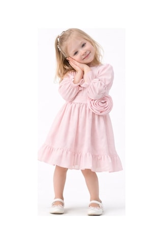 İrem Çocuk Giyim Kız Çocuk Çiçek Detaylı Balon Kol Model Etek Kısmı Fırfırlı Uzun Kol Midi Boy Pembe Renk Elbise Pembe